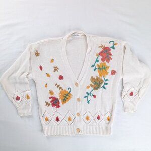 VTG White Chunky Knit Autumn Leaves Fall Deep V Neck Eyelet Button Up Cardigan